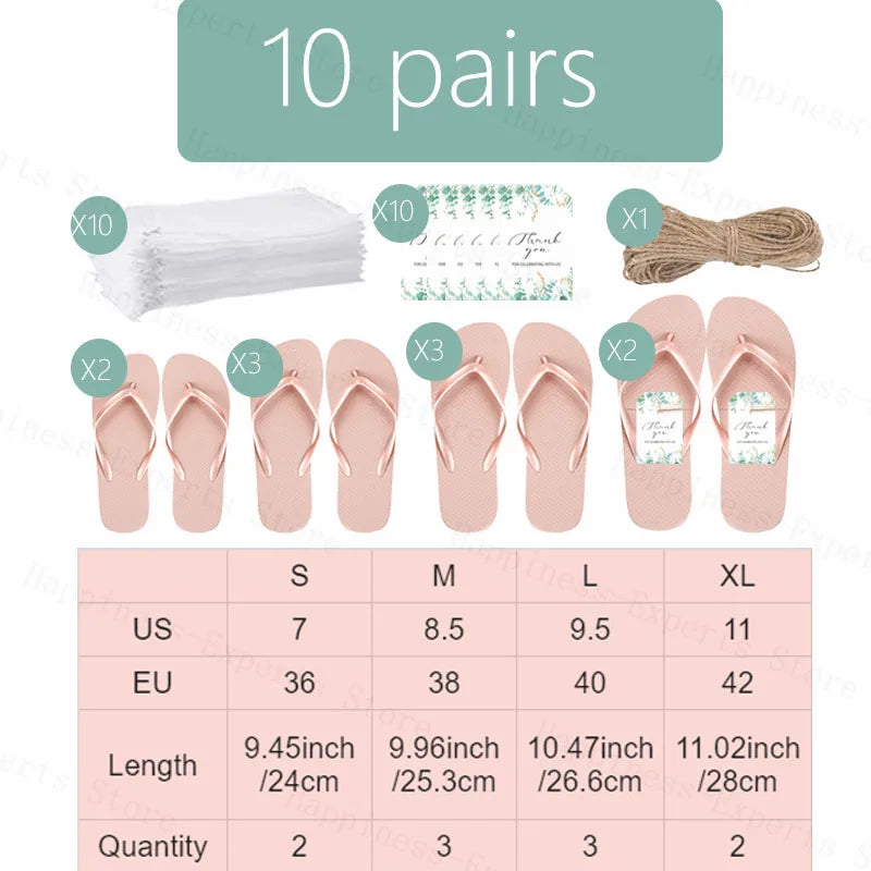 Set of 10 pairs pink flip-flops in sizes S-XL, with 10 white bags, 10 thank you cards, and twine. US sizes 7-11, EU sizes 36-42, lengths 24-28 cm.