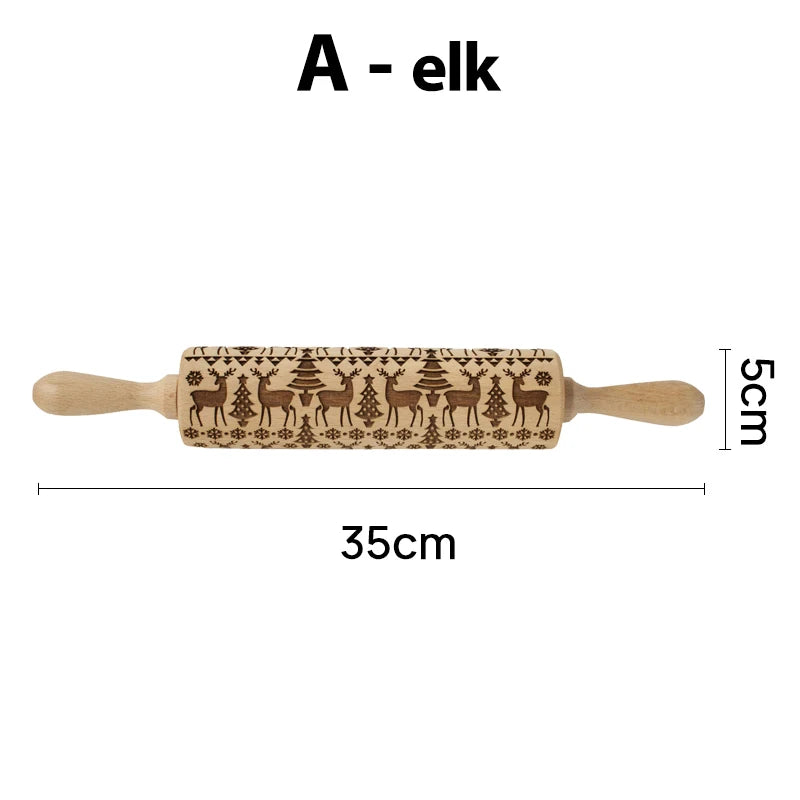 Wooden rolling pin, 35cm long and 5cm wide, with engraved elk, trees, and snowflakes pattern. Labeled "A - elk" at the top.
