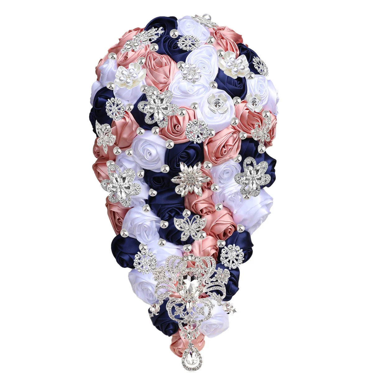 Elegant bouquet of artificial roses in white, pink, and navy blue, adorned with sparkling silver brooches and rhinestones, arranged in a cascading, teardrop shape.