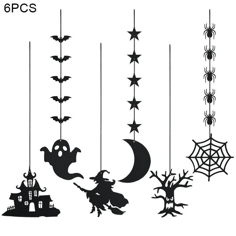 Silhouette of six Halloween-themed hanging decorations: bats, stars, ghosts, a witch on a broom, a spooky tree, and spiders with a web. Each design hangs vertically, showcasing classic motifs against a plain background. The set contains six pieces labeled "6PCS" in the top left corner.