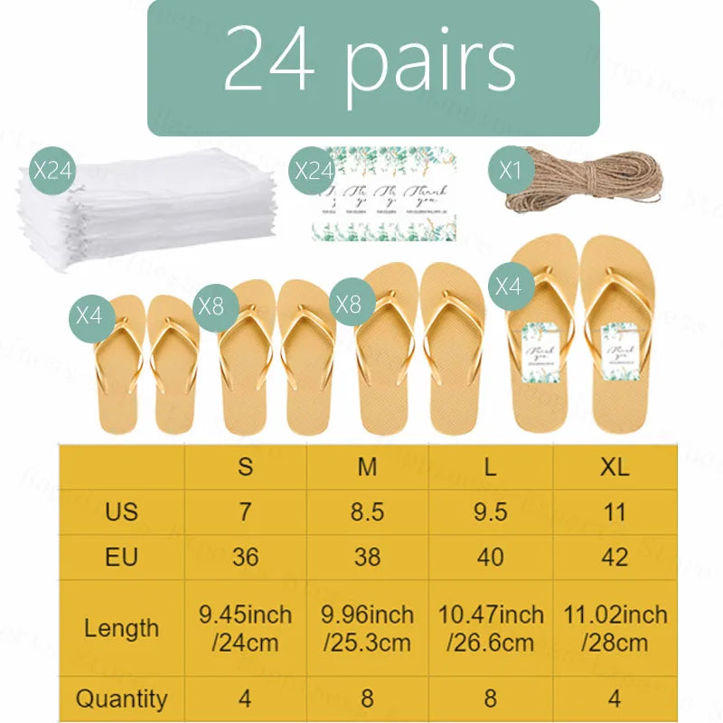 Set of 24 pairs of gold flip-flops in various sizes (S, M, L, XL) with 24 bags, 24 thank you cards, and a bundle of twine. Size chart included in inches and centimeters.