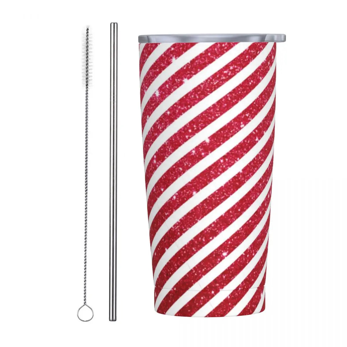 Red and white striped tumbler with a silver lid, alongside a stainless steel straw and cleaning brush, set against a plain white background.