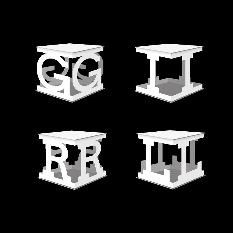Four white 3D cubes with letters: top left "GG", top right "II", bottom left "RR", bottom right "LI", all on a black background, creating intricate patterns.