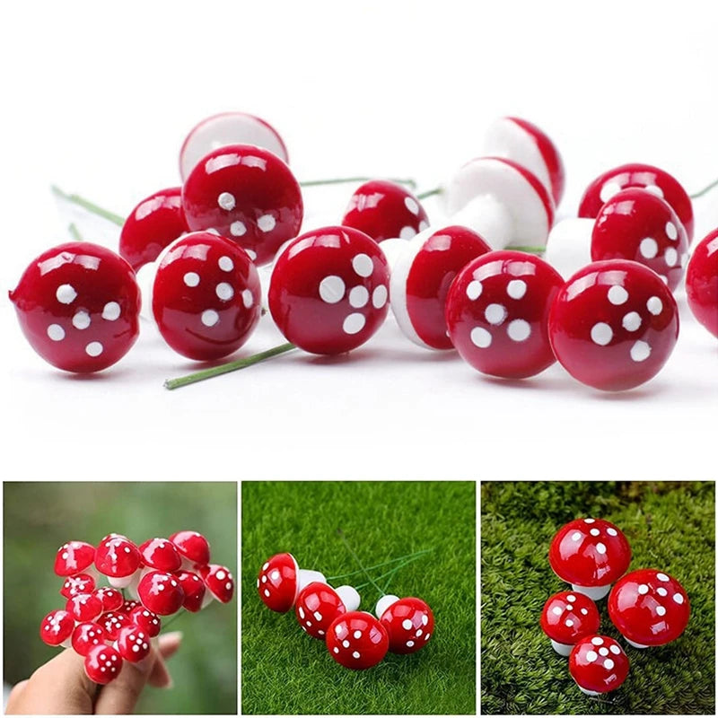 Red and white mushroom-shaped decorative pins with polka dots. They are displayed on a white background, held in hand, on grass, and arranged in a cluster.