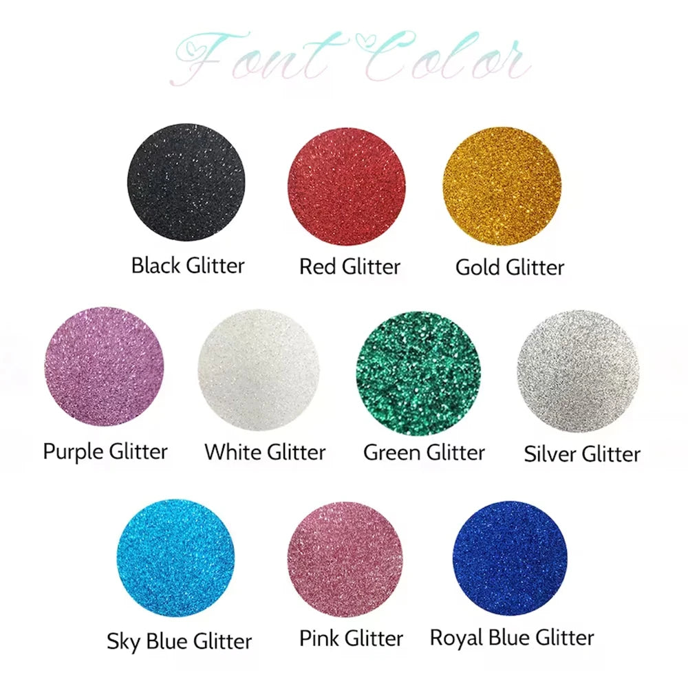 Color chart of glitter options including black, red, gold, purple, white, green, silver, sky blue, pink, and royal blue. Text above reads "Font Color."