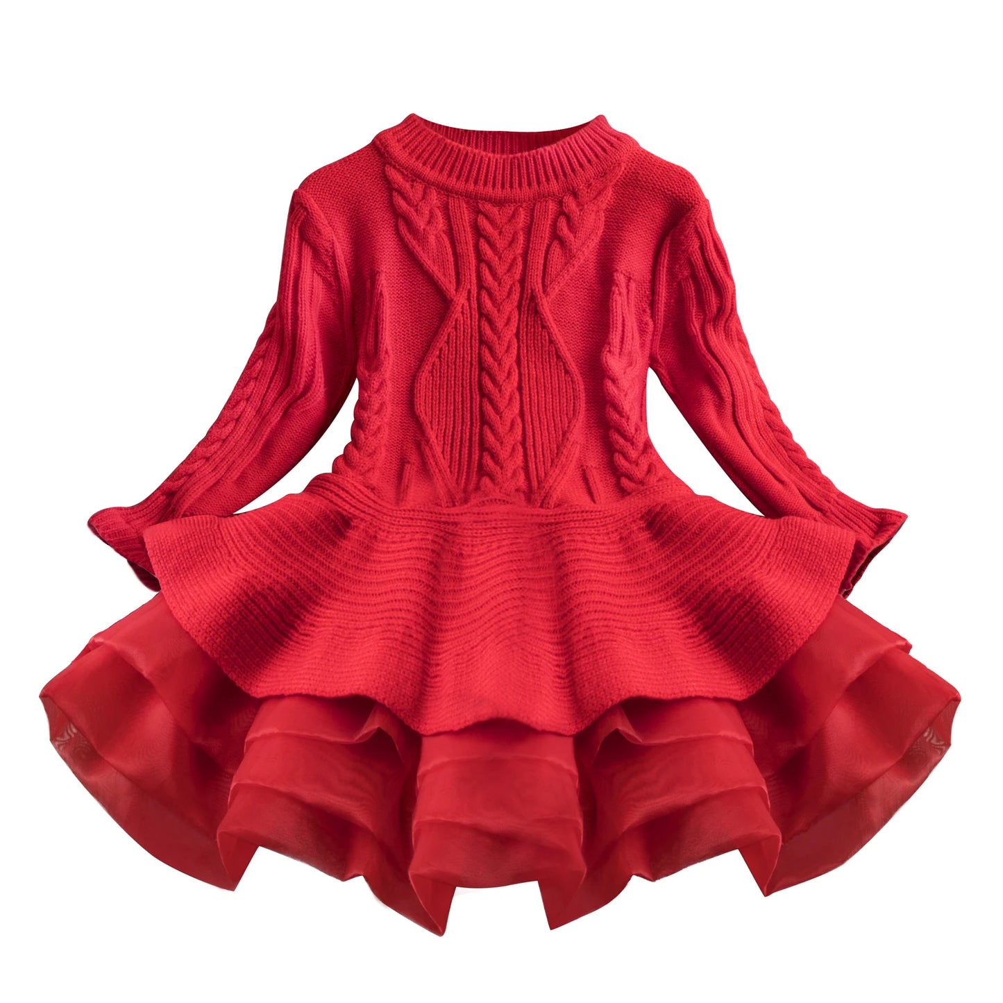 Red knit dress with long sleeves and intricate cable patterns. The bodice is fitted, and the skirt is flared with layers of ruffled chiffon, creating a voluminous silhouette.
