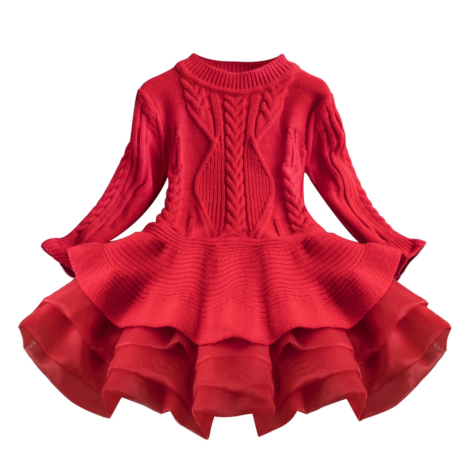 Red knit dress with long sleeves and intricate cable patterns. The bodice is fitted, and the skirt is flared with layers of ruffled chiffon, creating a voluminous silhouette.