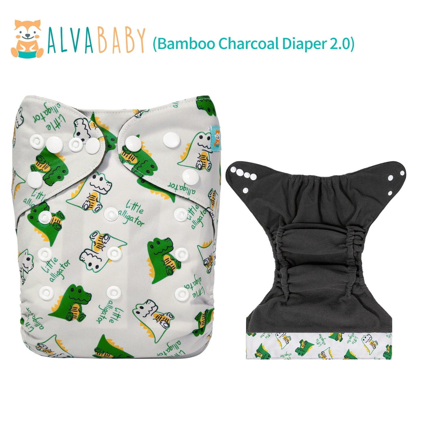 Cloth diaper with playful green alligator and cloud prints, labeled "Little alligator." It features adjustable snaps and a soft charcoal interior. Brand: Alvababy.
