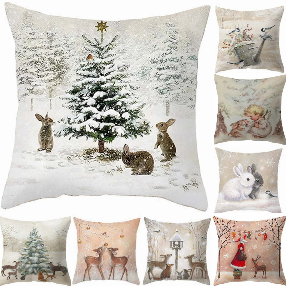 Collection of eight festive pillow covers featuring winter scenes with animals, such as rabbits and deer, and holiday themes like snow-covered trees and Santa, set against snowy backgrounds.
