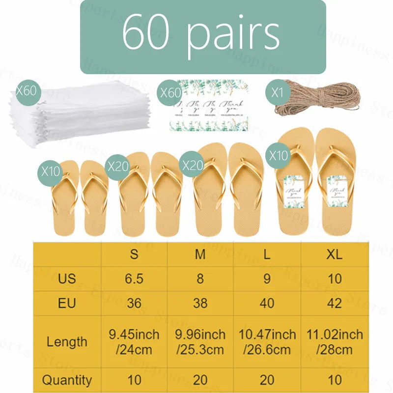 Image showing a set of 60 pairs of gold flip-flops in sizes S to XL, with corresponding US and EU size details. Includes 60 thank you cards, 60 bags, and a spool of twine.