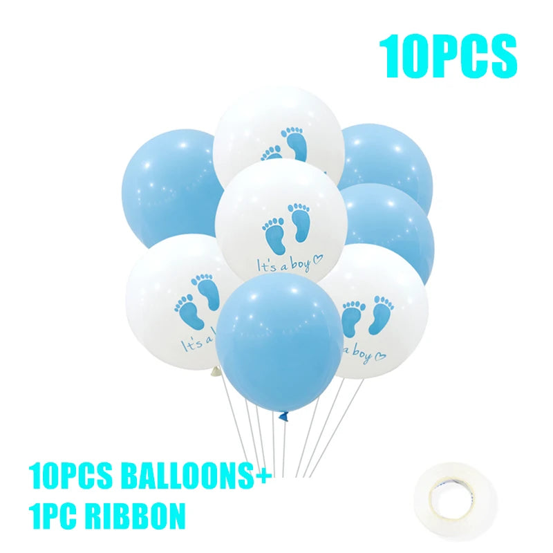 Cluster of blue and white balloons with "It's a boy" text and baby footprints. Includes 10 balloons and 1 ribbon. Perfect for baby showers or gender reveal parties.
