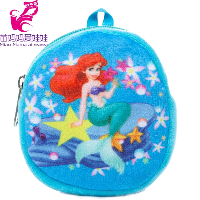 Blue plush coin pouch featuring a mermaid with red hair, seated among starfish and flowers, holding a pink star. Logo with a pink design is in the top left corner.
