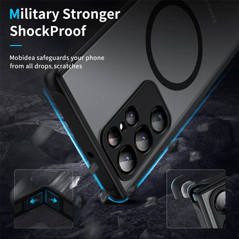 Phone case with "Military Stronger ShockProof" text, highlighting protection features. Close-ups show reinforced corners and lens protection against drops and scratches.