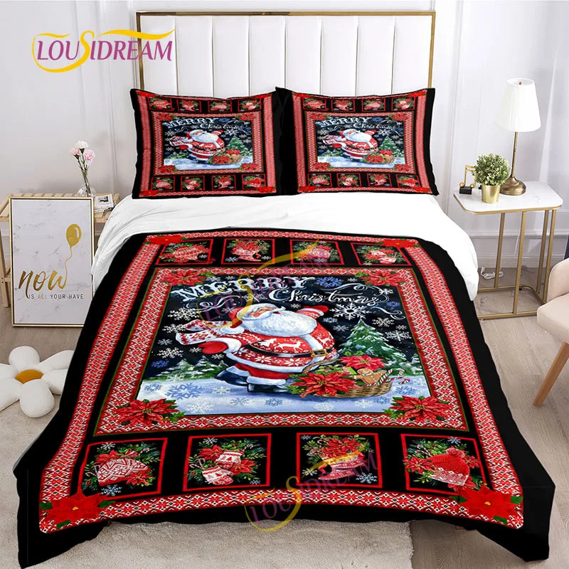 Festive Christmas bedding set with red borders featuring Santa Claus, snowflakes, and poinsettias. Room decor includes a white lamp, wall art, and a plush flower on the floor.
