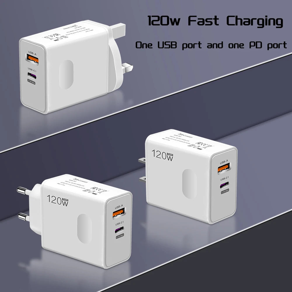 Three white 120W fast chargers with interchangeable plug styles feature one USB-A and one USB-C PD port. Bold text reads "120W Fast Charging" and "One USB port and one PD port."