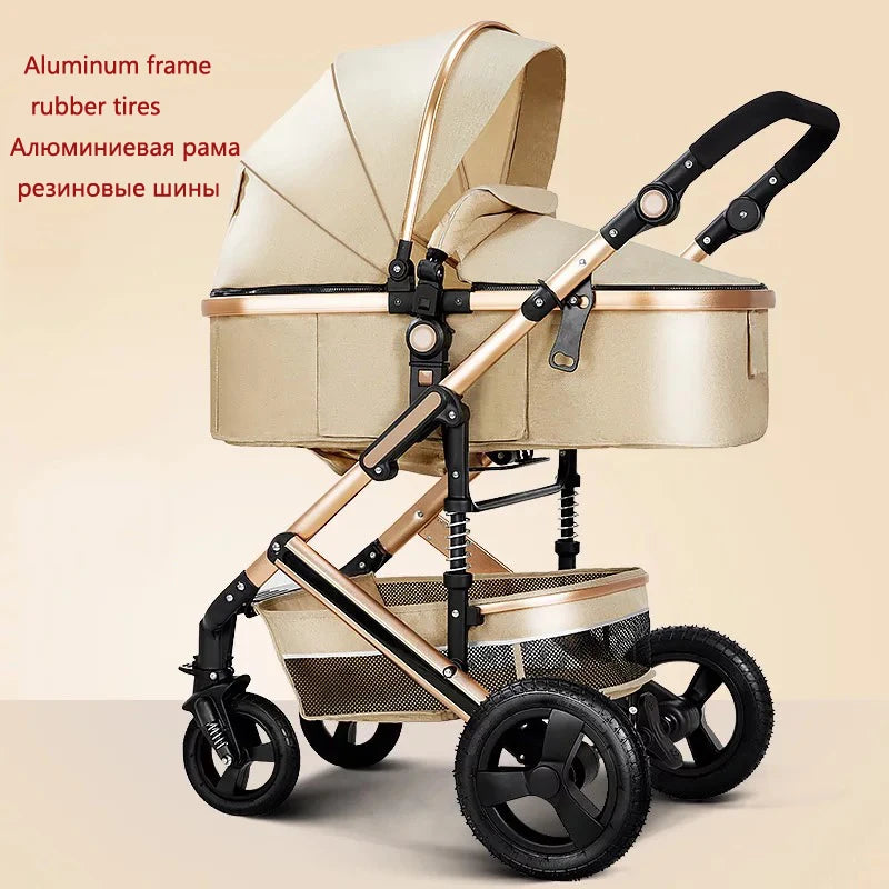 Beige baby stroller with an aluminum frame and rubber tires. It features a black handle, adjustable frame, and mesh storage basket. Text on the image describes the materials.
