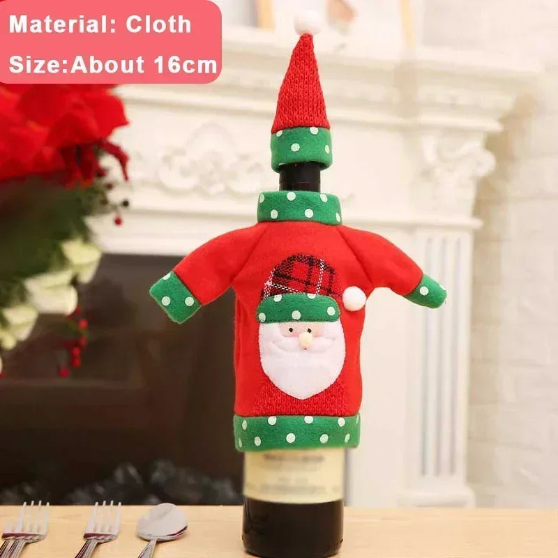 A wine bottle dressed in a festive red and green Santa outfit with polka dots, featuring a Santa face on the front. The scene includes holiday decor and a fireplace in the background.