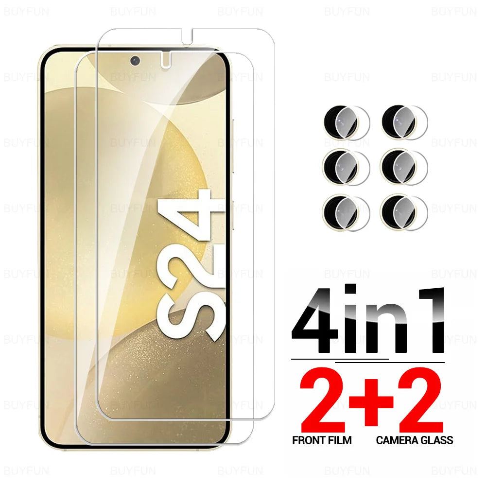 Smartphone screen and camera protector set for S24. Includes 2 front films and 2 camera glass covers. Text reads "4 in 1, 2+2, front film, camera glass."