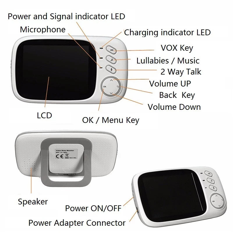 Baby monitor layout with labeled features: LCD screen, power and charging LEDs, microphone, speaker, volume, menu keys, VOX, music, 2-way talk, power, and adapter connector.