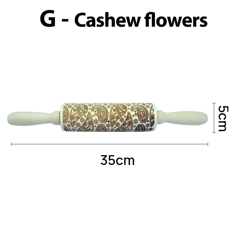 Rolling pin with cashew flower patterns, labeled "G." Dimensions shown are 35cm in length and 5cm in diameter. Handles are plain.
