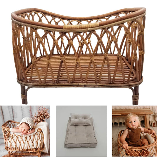 Woven rattan baby crib with decorative lattice design. Below, three images: a baby sleeping in the crib with a white blanket, a cushioned mattress, and a baby sitting in the crib.
