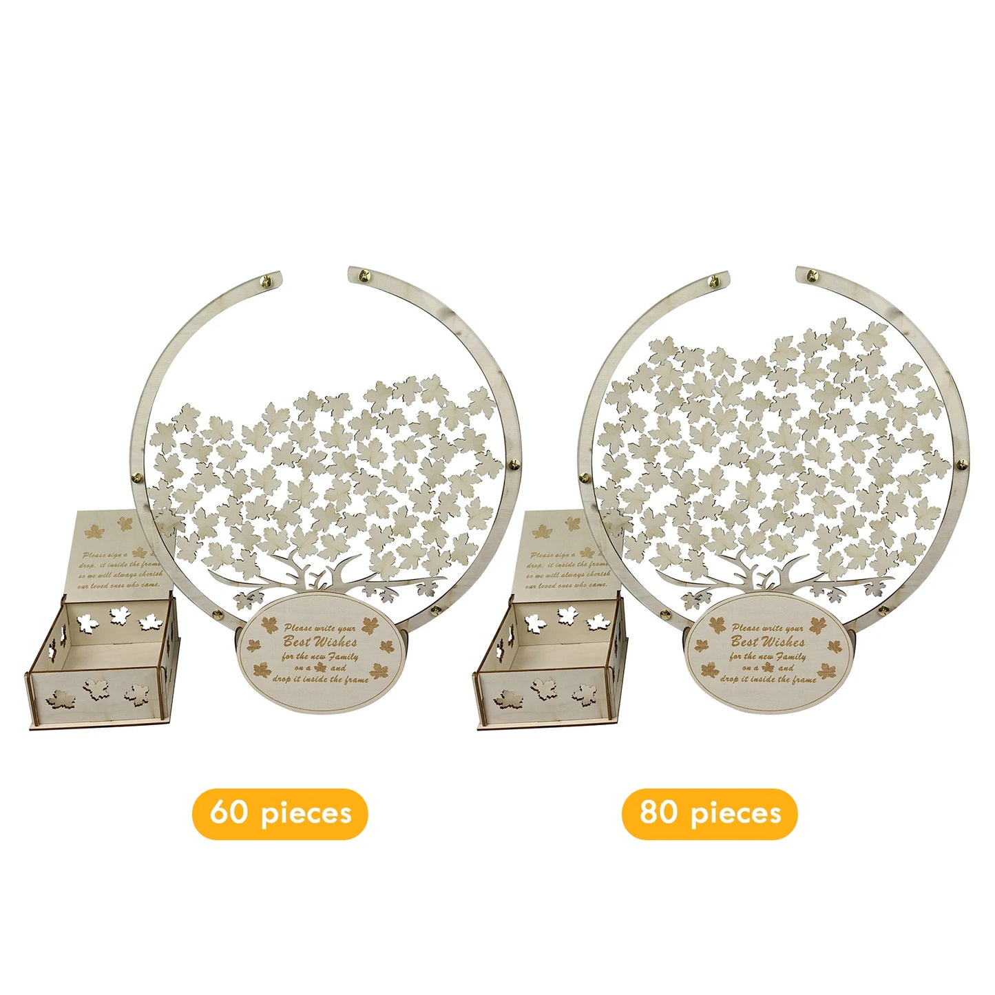 Two guestbook frames shaped like trees with detachable leaves for writing messages. One has 60 pieces, and the other 80. Both include boxes for storing the leaves.