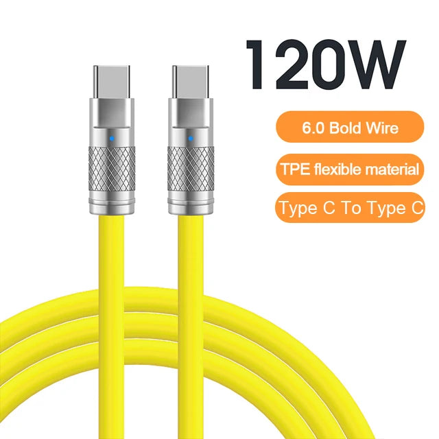Yellow Type C to Type C cable with silver connectors, 120W power, 6.0 bold wire, TPE flexible material.