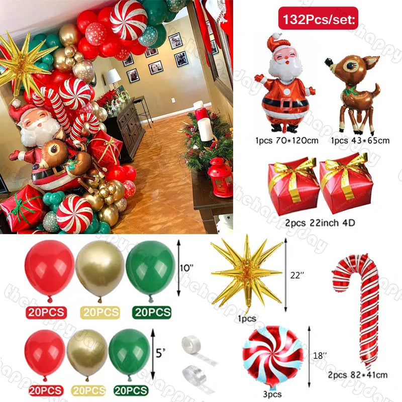Festive Christmas balloon set includes Santa, reindeer, candy canes, and colorful balloons in red, green, and gold, forming a lively decorative archway.