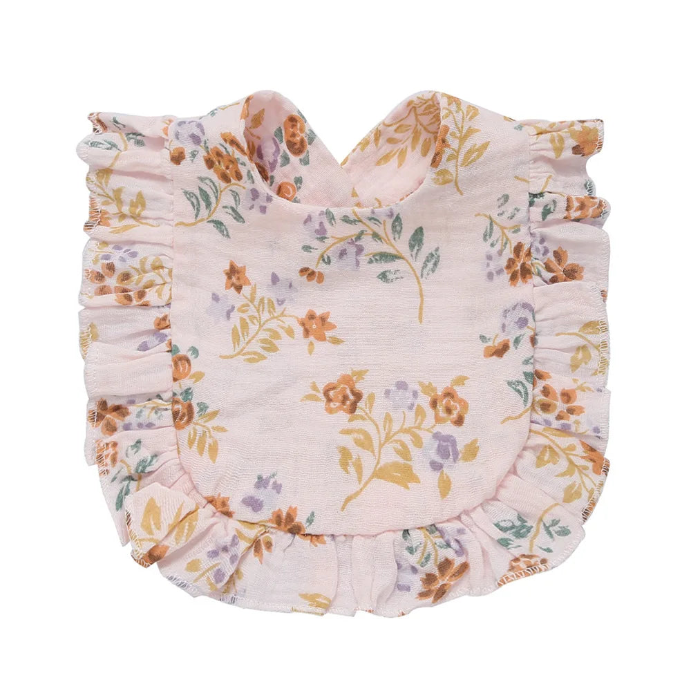 Floral-patterned baby bib with ruffled edges. The design features pastel pink, purple, and yellow flowers on a soft background, creating a delicate and charming look.