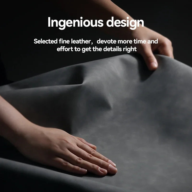 Hands gently touching a smooth piece of fine leather in low light, with text describing "Ingenious design" and emphasizing attention to detail.