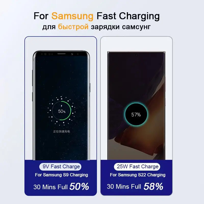 Comparison of Samsung fast charging: S9 shows 50% at 9V after 30 minutes, S22 shows 58% at 25W. Text includes English and Russian details.