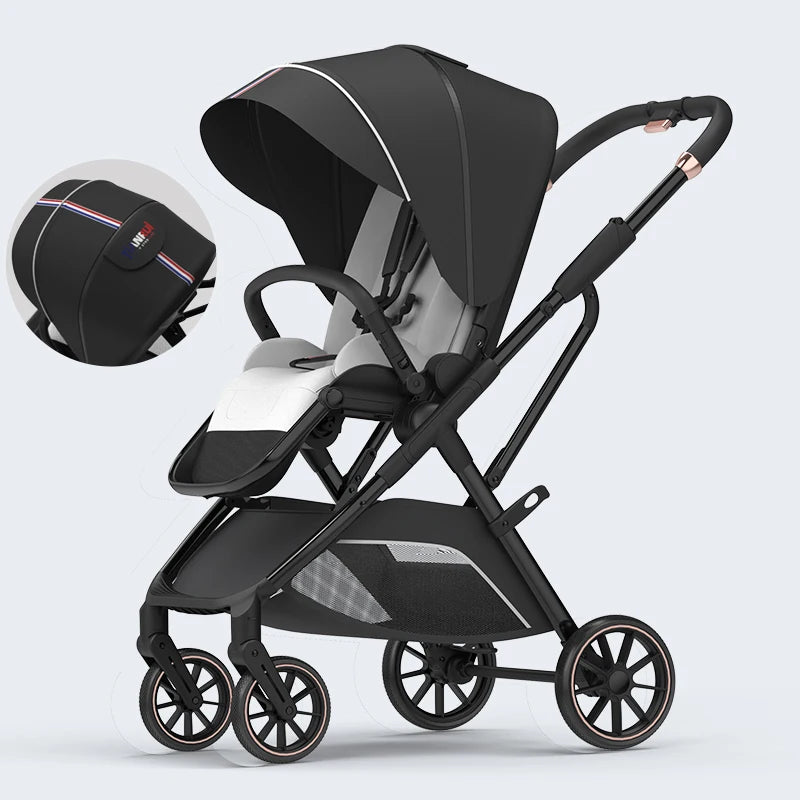 Sleek black stroller with a sunshade, rose gold accents, and storage basket. Features adjustable handle and modern design. Close-up shows logo and striped detail.