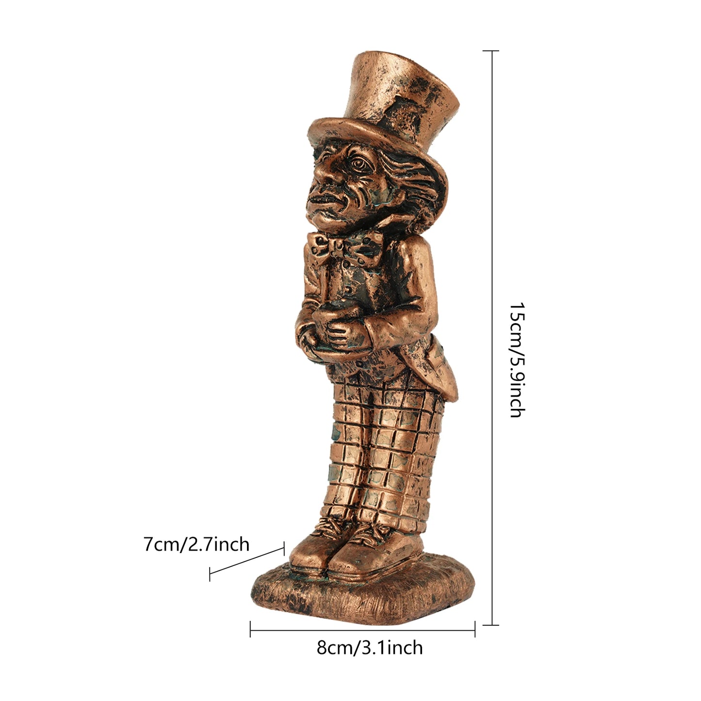 Bronze antique-style statue of a man in a top hat and suit, standing 15cm tall on a small base. The measurements of the statue are included in the image.