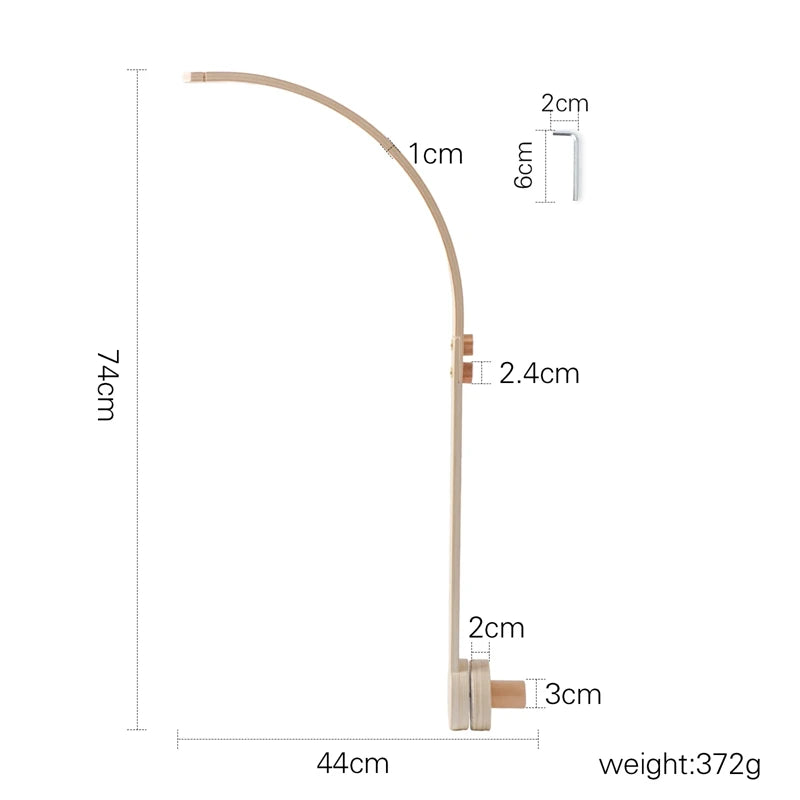 Diagram of a 74cm tall, curved wooden stand with various dimension annotations: base width 44cm, thickness 1-2.4cm, and weight 372g. Includes a separate 6cm piece.