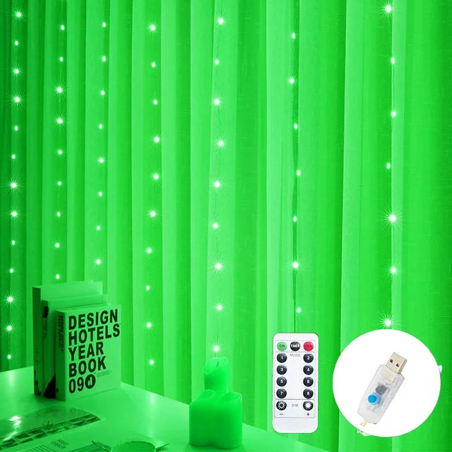Green LED curtain lights hang beside a table with books and candles. A remote control and USB connector are displayed in insets.