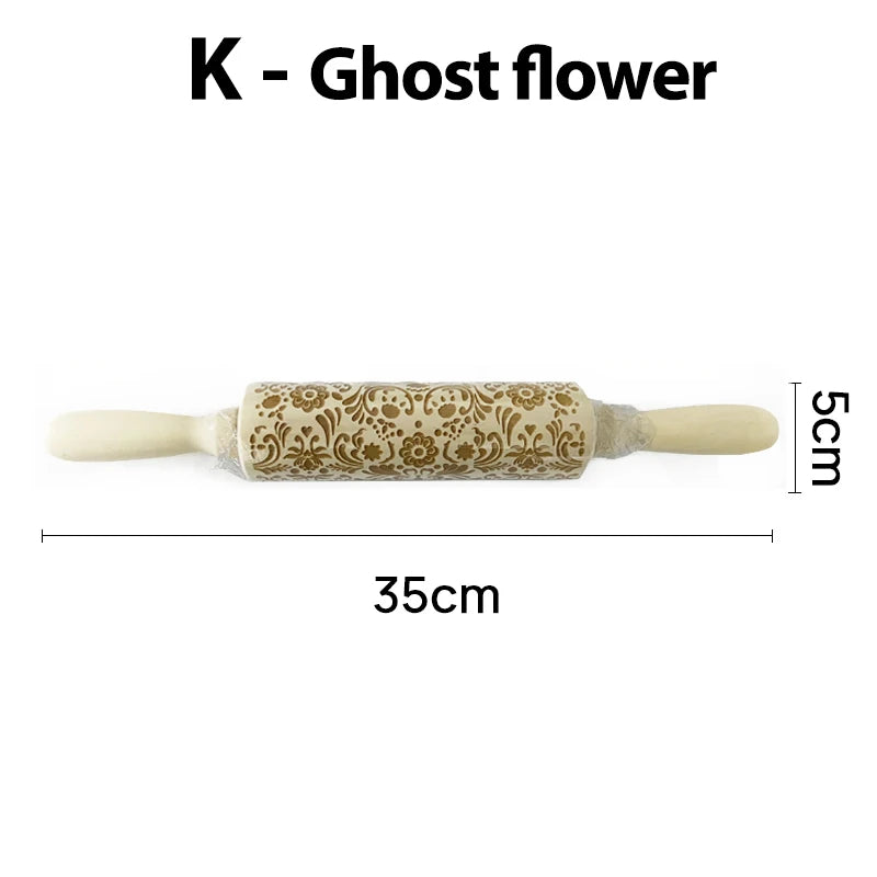 Embossed rolling pin labeled "K - Ghost flower" with floral pattern, measuring 35cm long and 5cm in diameter.