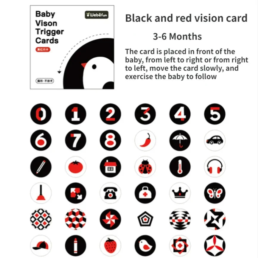 Black and red vision cards for babies aged 3-6 months, featuring numbers and various shapes like a chili, umbrella, car, and phone designed to stimulate visual tracking.