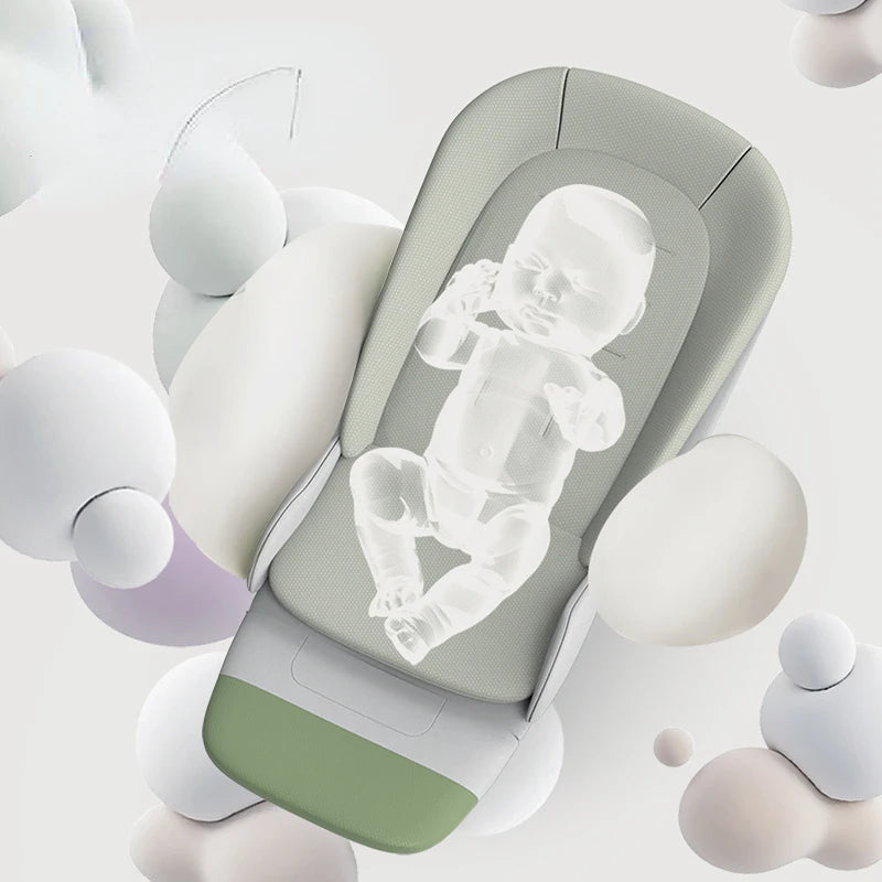 Futuristic baby car seat with a translucent baby figure, set against a background of soft, abstract spherical shapes in neutral tones.