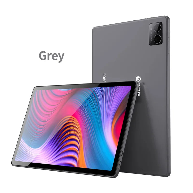 Grey tablet with a colorful swirling pattern on the screen is shown from the front and back. The back features dual cameras in the top corner.