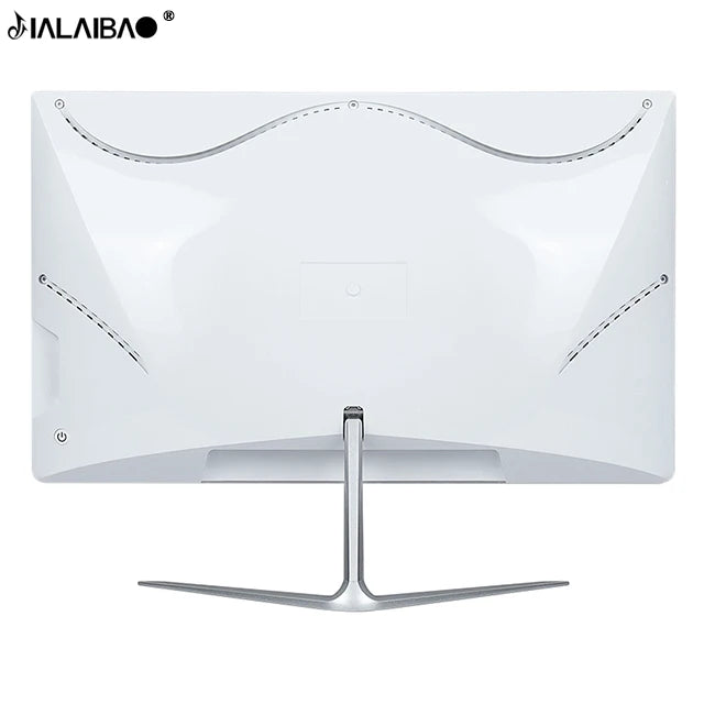 Back view of a sleek white monitor with curved edges, featuring a silver V-shaped stand. Air vents are visible on the sides. The JALAIBAO logo is in the top left corner.