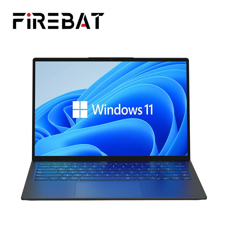 A sleek Firebat laptop displaying the Windows 11 logo on its screen. The keyboard has a blue hue, and the design is modern with thin bezels.