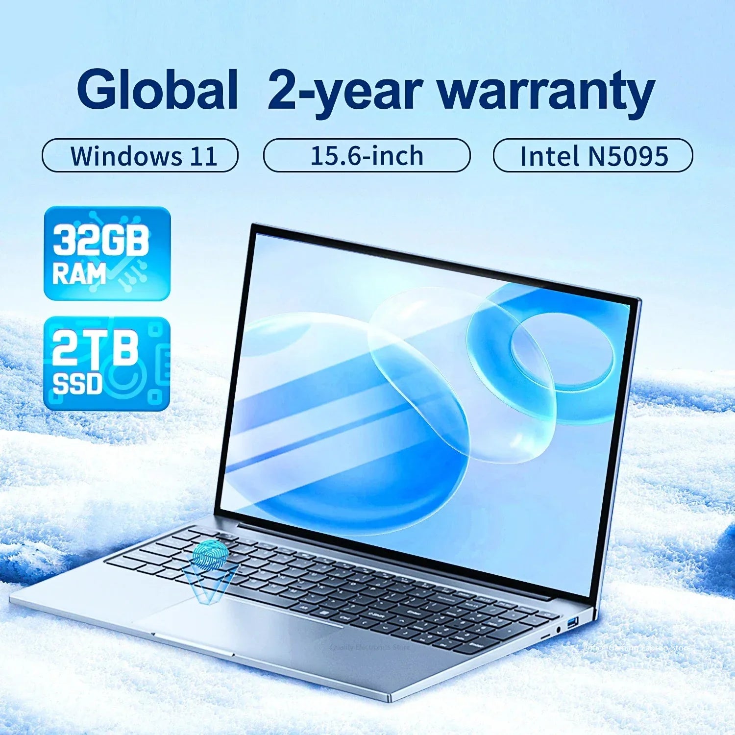 Laptop with a 15.6-inch screen and blue graphics, offering Windows 11, Intel N5095 processor, 32GB RAM, 2TB SSD. Includes a global 2-year warranty.