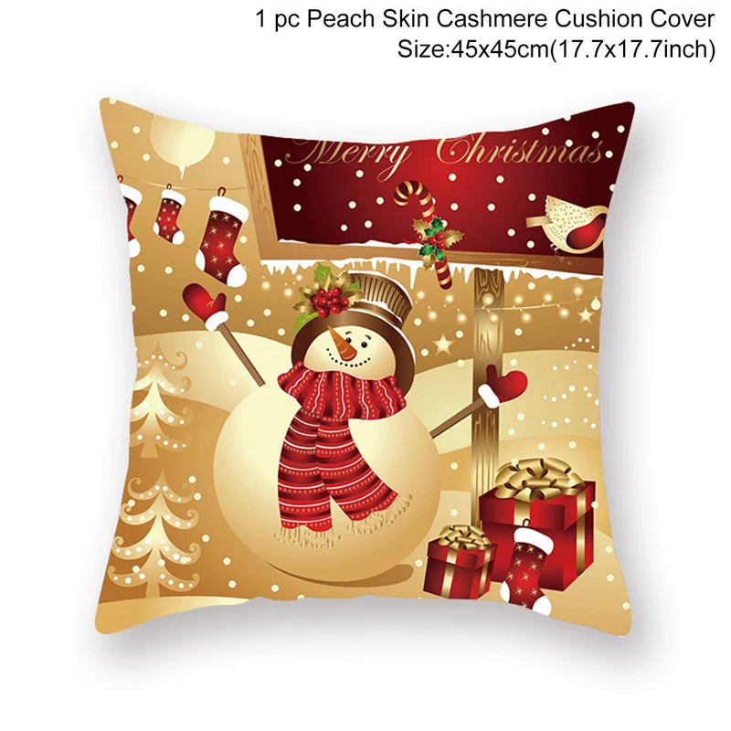 Festive cushion cover featuring a cheery snowman with a red scarf and top hat, surrounded by gifts, stockings, and snowflakes with a "Merry Christmas" sign. Size: 45x45cm.