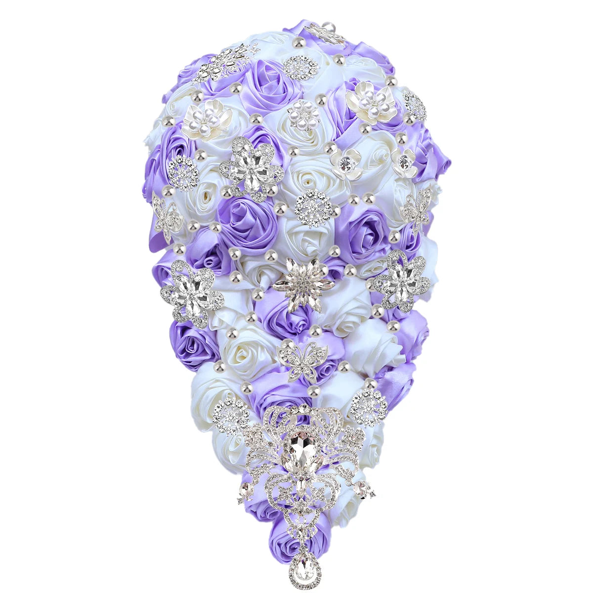 An elegant teardrop bouquet with purple and white silk roses, adorned with intricate silver brooches and crystal embellishments, creating a vintage and luxurious appearance.