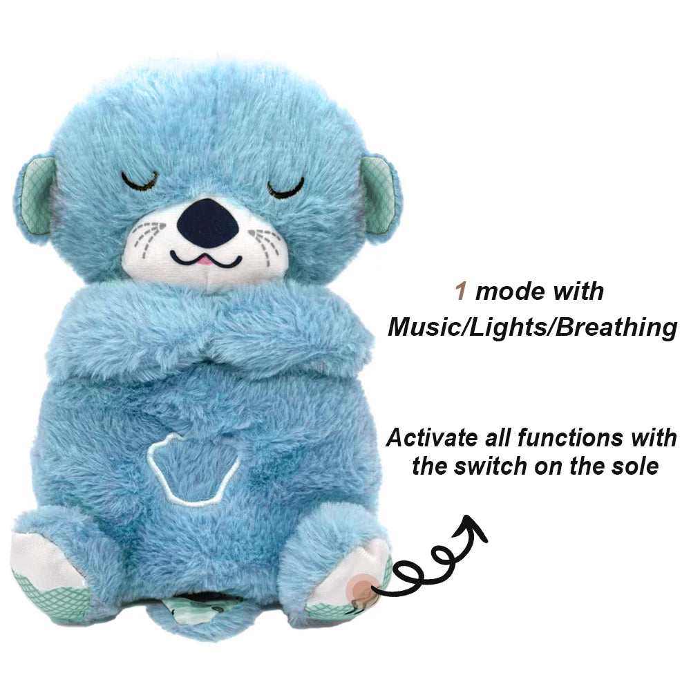 Blue plush bear with closed eyes and a smile, featuring music, lights, and breathing mode. Instructions: "Activate all functions with the switch on the sole."