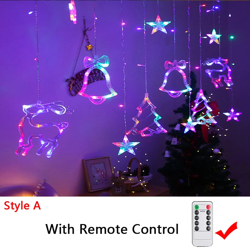 Hanging LED Christmas lights featuring reindeer, bells, stars, and trees in multicolors. A remote control is included. A Christmas tree and decor are visible in the background.