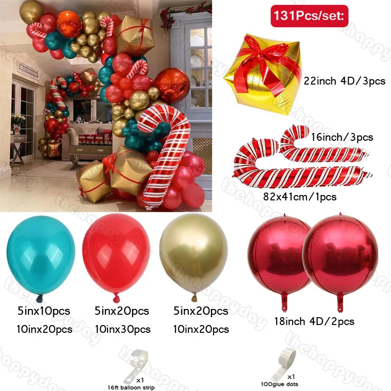 Balloon decoration set with red, gold, and teal balloons, candy cane and gift box balloons, totaling 131 pieces. Includes 16ft balloon strip and 100 glue dots for assembly.