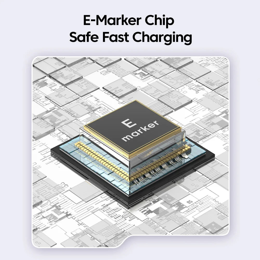 An E-Marker chip sits on a circuit board pattern, with the text "E-Marker Chip Safe Fast Charging" above, highlighting its role in efficient charging technology.