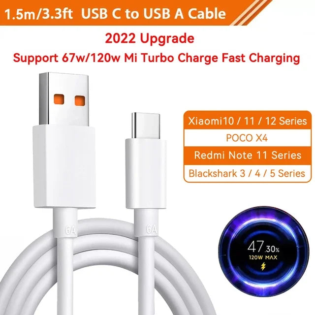 White USB-C to USB-A cable, 1.5m/3.3ft, supports 67W/120W fast charging. Compatible with Xiaomi 10/11/12 Series, POCO X4, Redmi Note 11, Blackshark 3/4/5 Series.