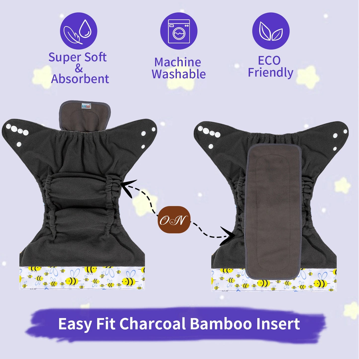 Easy Fit Charcoal Bamboo Insert. Features super soft, absorbent material, machine washable and eco-friendly. Visuals show the insert turned on and off. Bee pattern trim.